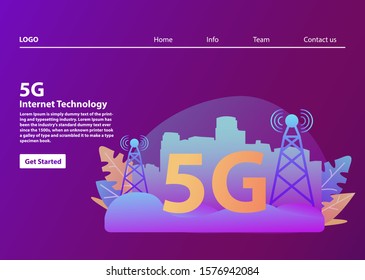 5G network wireless technology.Smart city .Mobile telecommunications concept.Silhouette city skyline with skyscrapers.Landing page website concept.