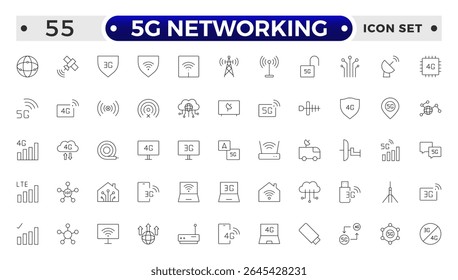 5G networking icons set. Set of communication tower, satellite dish, antenna, 3G, 4G network, wifi access point, pigtail, LTE usb modem, mast, signal, sim card, internet router, optical fiber.
