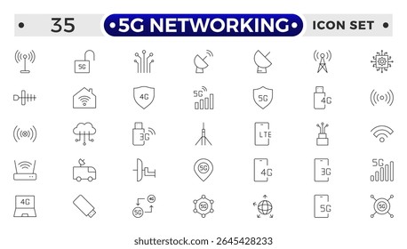 5G networking icons set. Set of communication tower, satellite dish, antenna, 3G, 4G network, wifi access point, pigtail, LTE usb modem, mast, signal, sim card, internet router, optical fiber.
