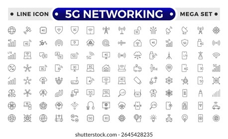 5G networking icons set. Set of communication tower, satellite dish, antenna, 3G, 4G network, wifi access point, pigtail, LTE usb modem, mast, signal, sim card, internet router, optical fiber.
