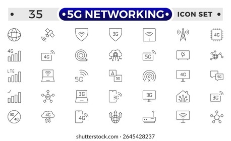 5G networking icons set. Set of communication tower, satellite dish, antenna, 3G, 4G network, wifi access point, pigtail, LTE usb modem, mast, signal, sim card, internet router, optical fiber.
