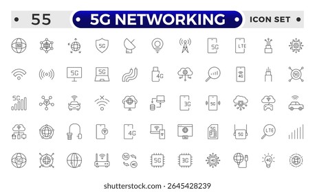 5G networking icons set. Set of communication tower, satellite dish, antenna, 3G, 4G network, wifi access point, pigtail, LTE usb modem, mast, signal, sim card, internet router, optical fiber.

