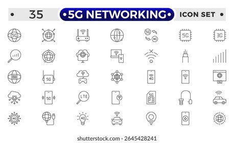 5G networking icons set. Set of communication tower, satellite dish, antenna, 3G, 4G network, wifi access point, pigtail, LTE usb modem, mast, signal, sim card, internet router, optical fiber.
