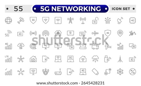 5G networking icons set. Set of communication tower, satellite dish, antenna, 3G, 4G network, wifi access point, pigtail, LTE usb modem, mast, signal, sim card, internet router, optical fiber.
