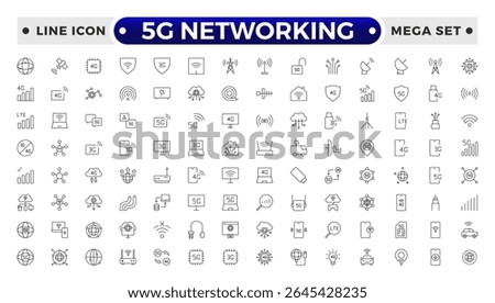 5G networking icons set. Set of communication tower, satellite dish, antenna, 3G, 4G network, wifi access point, pigtail, LTE usb modem, mast, signal, sim card, internet router, optical fiber.
