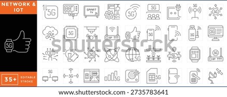 5G Networking and Internet of Things related 36 line icons set. Vector editable stroke.