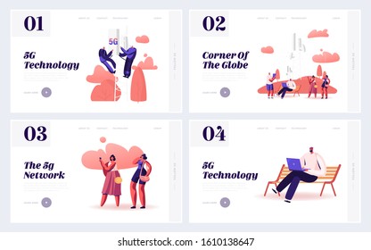 5g Networks Global Technologies Website Landing Page. People Using New Generation of Connection for Gadgets. Workers Install Equipment for Internet Web Page Banner. Cartoon Flat Vector Illustration