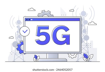 5G-Netze einfaches Stilkonzept. Drahtlose Verbindung und Kommunikation. Moderne Website und Webseite. Schneller Internetzugang für Geräte. Flache lineare Vektorillustration auf weißem Hintergrund