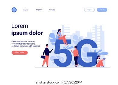 5G networks and telecom concept. People using digital devices. Flat vector illustration for fast speed internet, interaction, social media topics