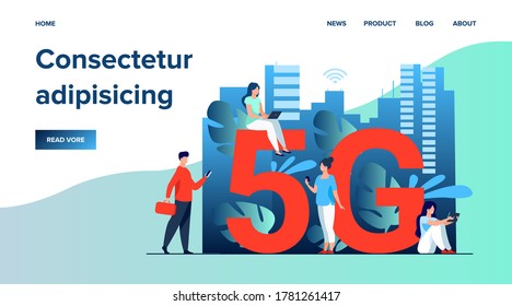 5G networks and telecom concept. People using digital devices. Flat vector illustration for fast speed internet, interaction, social media topics