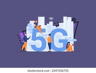 5G networks and telecom concept. People using digital devices. Flat vector illustration for fast speed internet, interaction, social media topics