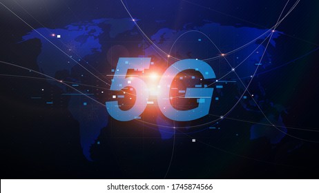 Redes de nueva generación 5G, Internet móvil de alta velocidad. Resumen del mapa del mundo con redes y telecomunicaciones en la tierra. Ilustración del vector