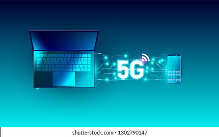 5G new global network high speed innovation connection data rate technology, 5th wireless internet wifi connection on smartphone and laptop device top view vector