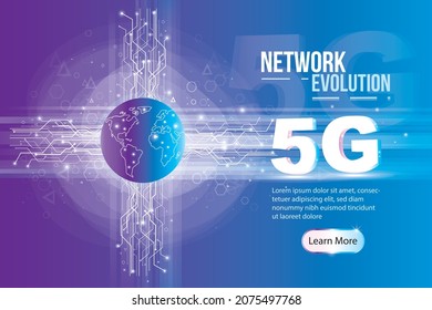 5G New Network Evolution Wireless Wifi Internet. High Speed Innovation Connection Data Technology Global Development 3D Vector Banner. Globe Earth with Circuit Abstract. Website Landing Page Design.