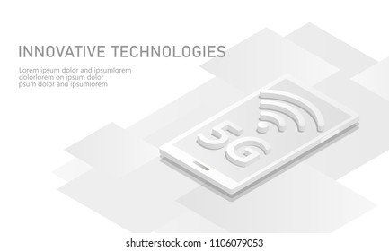 5G new wireless internet wifi connection. Smartphone mobile device isometric white 3d flat. Global network high speed innovation connection data rate technology vector illustration