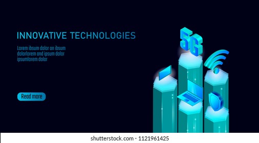 5G new wireless internet wifi connection. Smartphone mobile device isometric blue 3d flat. Global network high speed innovation connection data rate technology vector illustration