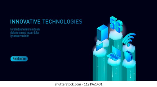 5G new wireless internet wifi connection. Smartphone mobile device isometric blue 3d flat. Global network high speed innovation connection data rate technology vector illustration