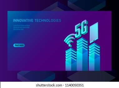 5G new wireless internet wifi connection. Smartphone mobile device isometric blue 3d flat. Global network high speed innovation connection data rate technology white card banner vector illustration