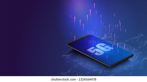 	
5G new wireless internet wifi connection. Global network high speed network. 5G symbol construted with glowing lines with a lightspeed burst on background