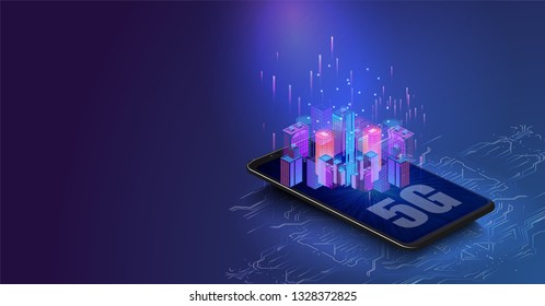 	
5G new wireless internet wifi connection. Smart city or intelligent building isometric vector concept. Building automation with computer networking illustration