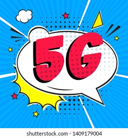 5G new wireless internet wifi connection comic style speech bubble exclamation text 5g flat style design vector illustration isolated on white background. New mobile internet sign icon in balloon.