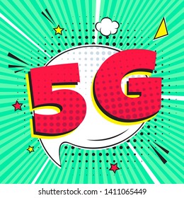 5G new wireless internet wifi connection comic style speech bubble exclamation text 5g flat style design vector illustration isolated on rays background. New mobile internet sign icon in balloon.