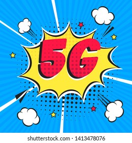 5G new wireless internet wifi connection comic style speech bubble exclamation text 5g flat style design vector illustration isolated on rays background. New mobile internet sign icon in balloon.