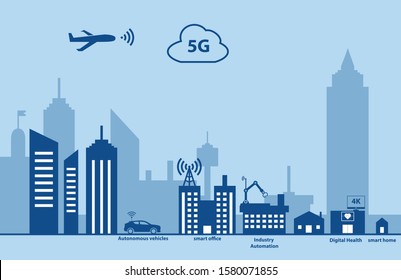 5G new wireless internet wifi connection. Urban buildings cityscape. Global network high speed innovation connection data rate technology vector illustration - Vector
