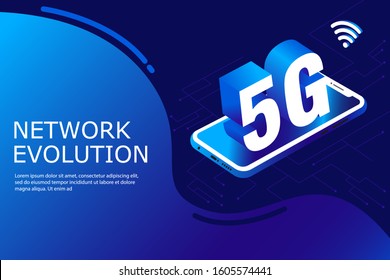 5G new wireless internet wifi connection. Laptop mobile device isometric blue 3d flat. Global network high speed innovation connection data rate technology vector illustration art