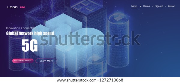 5G\
new wireless internet wifi connection. Smart city or intelligent\
building isometric vector concept. Building automation with\
computer networking illustration. low poly\
wireframe