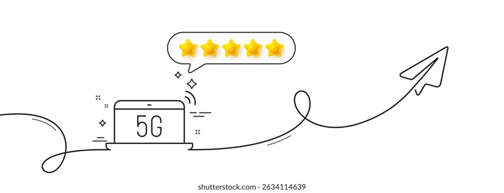 5g notebook line icon. Continuous line with share plane. Wireless technology sign. Mobile wifi internet symbol. Five star rate review in speech bubble. 5g notebook single line ribbon. Vector