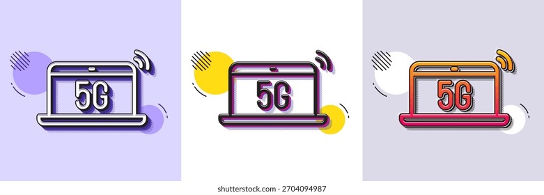 5g notebook line icon. Halftone dotted pattern. Gradient icon with grain shadow. Wireless technology sign. Mobile wifi internet symbol. Line 5g notebook icon. Various designs. Vector