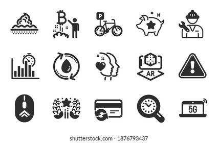 5g de bloc de notas, ranking y cronómetro de informes, ajuste simple. Aparcamiento para bicicletas, Atención de la piel y cardíacas. Rellenar agua, manejo de tiempo y cambiar símbolos de tarjeta. Juego de iconos planos. Vector