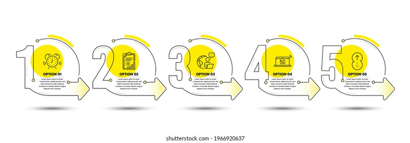 5g portátil, deslizar e iconos de línea de administración de tiempo. Información del proceso de línea de tiempo. Signo de lista de comprobación. Portátil inalámbrico, página de desplazamiento, reloj de alarma. Informe gráfico. Conjunto de ciencia. Vector