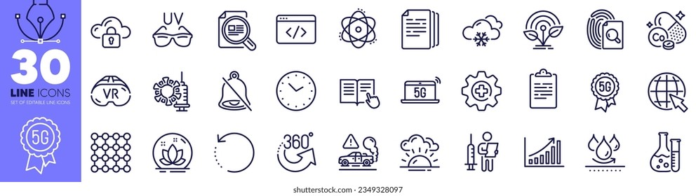 5g notebook, 5g technology and Incubator line icons pack. Mute, Chemistry lab, Sunset web icon. Seo script, 360 degrees, Clipboard pictogram. Inspect, Vaccination announcement, Internet. Vector