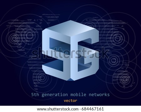 5G on abstract digital world map background. 5th generation mobile network logotype. VECTOR