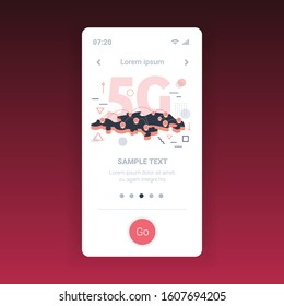 5G online communication network location geo tags on world map wireless systems connection fifth innovative generation of global high speed internet smartphone screen mobile app vector illustration