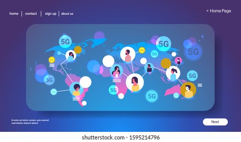 5G online wireless system connection global chat bubble communication concept mix race men women chatting world map background portrait horizontal copy space vector illustration