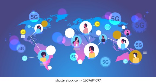 5G online wireless system connection global chat bubble communication concept mix race men women chatting world map background portrait horizontal vector illustration