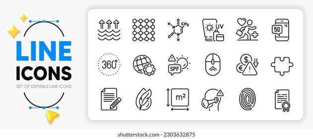 5g phone, Spf protection and Certificate diploma line icons set for app include Globe, Deflation, Patient outline thin icon. Medical mask, Density, Chemical formula pictogram icon. Vector