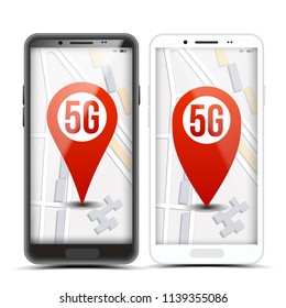 5G Pointer Sign On Mobile Screen Vector. Smart Phone. Red Icon. Internet Wi-Fi Connection. Speed. Wireless Internet Network Future Technology. Isolated Illustration 