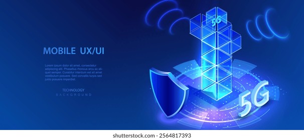 5G protect internet network. Communication hotspot tower transmitter and wireless signal hi-speed isometric background. 5G and shield 3d symbol with light speed. Vector illustration.