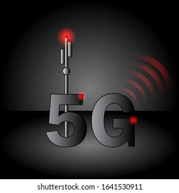 5G radioactive internet network technology vector illustration. 5 G warning concept with antenna and signal waves.