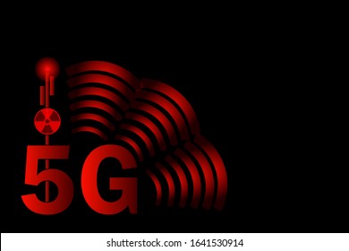 5G radioactive internet network technology vector illustration. 5 G warning concept with antenna and signal waves.