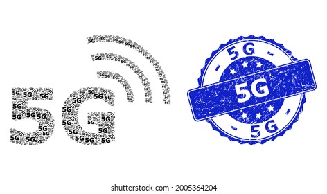 Sello redondo de caucho 5G y símbolo de colaje fractal vector 5G. El sello azul tiene un texto 5G dentro de forma redonda. El collage de vectores se realiza a partir de pictogramas recursivos de símbolo 5G.