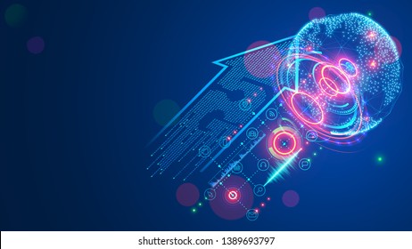 5g sign arrow consist digits matrix. Global high speed internet via wireless network concept. Modern mobile communication technology background. Abstract telecommunication signal connection with world