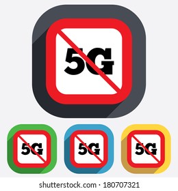 5G sign icon. Mobile telecommunications technology symbol. Red square prohibition sign. Stop flat symbol. Vector