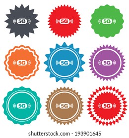 5G sign icon. Mobile telecommunications technology symbol. Stars stickers. Certificate emblem labels. Vector