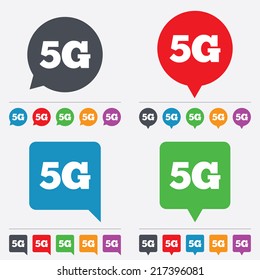 5G sign icon. Mobile telecommunications technology symbol. Speech bubbles information icons. 24 colored buttons. Vector