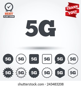 5G sign icon. Mobile telecommunications technology symbol. Circle, star, speech bubble and square buttons. Award medal with check mark. Thank you ribbon. Vector